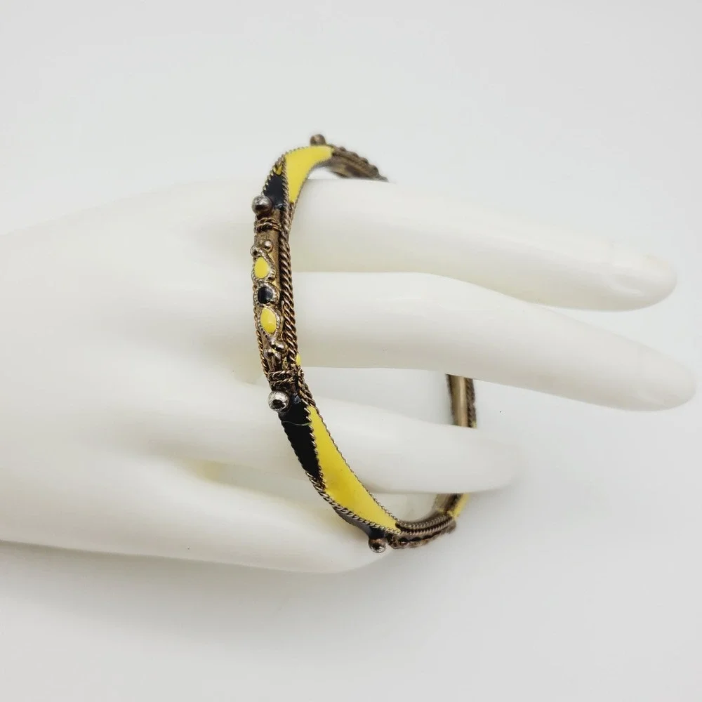 Vintage‎ Bangle Bracelet Black Yellow Enamel Harlequin Diamond Pattern Geometric